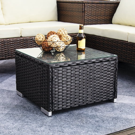 DIMAR GARDEN Outdoor Patio Coffee Table Square Table with Glass Top, Black