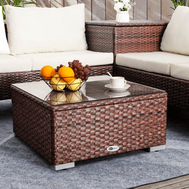DIMAR GARDEN Outdoor Rattan Square Coffee Table with Glass Top, Mixed Brown