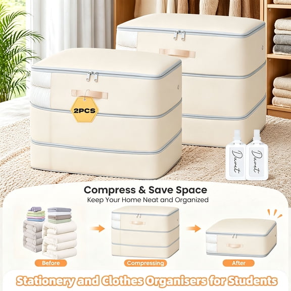 DIMJ 2 Pack Beige Comforter Storage Bags, Heavy Duty 3-Layer Blanket Storage Organizer with Reinforced Handles & Diamond Pattern,Bedding Storage Bag for Underbed Closet Organization