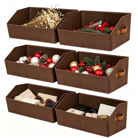 DIMJ 6 Pack Boot & Shoe Boxes with Handles, Coffee Non-Woven Fabric Open Home Storage Bins, Trapezoid Foldable Baskets for Bedroom Shelves and Home Organization