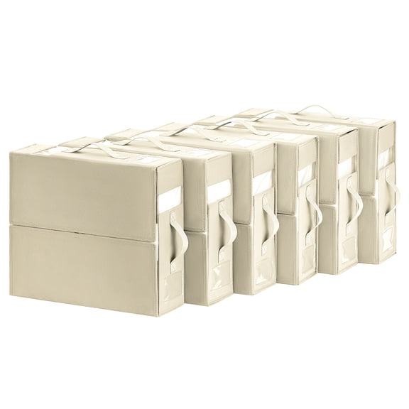 DIMJ 6 Pack Foldable Dustproof under bed sheet organizers and storage, Beige Fabric Storage Boxes with Clear Window & Label Slot, Closet Organizer for Blankets Fits King and Queen Sheet Setse, Beige