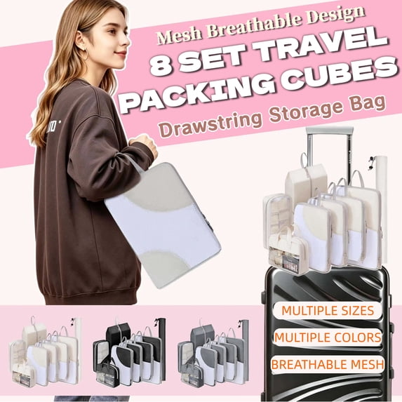 DIMJ 8 Set Space Saving Compression Packing Cubes for Travel-Beige Expandable Luggage Organizers 4 Suitcase Organizer, 1 Shoe Bag, 1 PVC Toiletry Bag, 1 Drawstring Bag, 1 Sock Bag