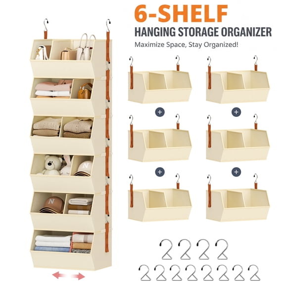 DIMJ Beige Christmas Decorations Storage Bins,6-Tier Fabric Hanging Closet Organizer and Storage,Clothes Hanging Shelves for Closet with Divider for Wrapping Paper Storage,Dorm Room Essentials