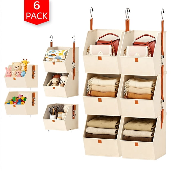 DIMJ Beige Hanging Fabric Storage Bins,Hanging Closet Organizer 6 Tier Clothes Hanging Shelves, Space-Saving Fabric Storage Bins for Bedroom, Collapsible Baskets for Home Dorm RV, Heavy Duty