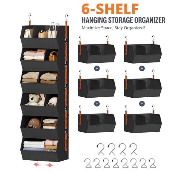 DIMJ Black Christmas Decorations Storage Bins,6-Tier Fabric Hanging Closet Organizer and Storage,Clothes Hanging Shelves for Closet with Divider for Wrapping Paper Storage,Dorm Room Essentials