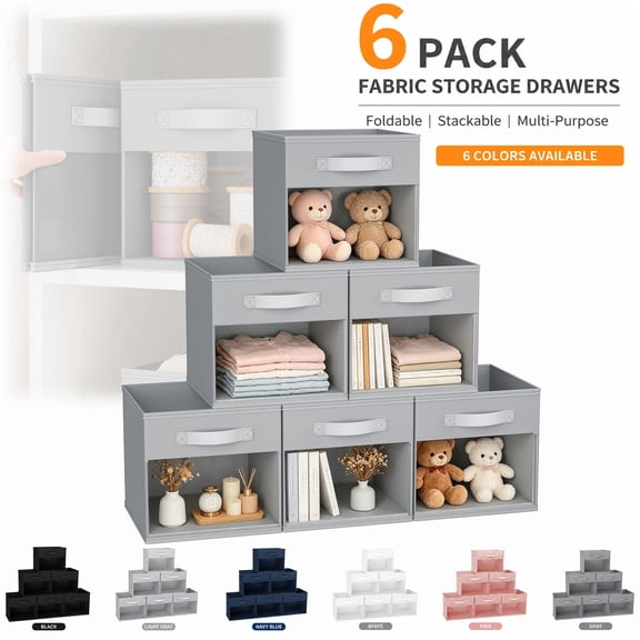 DIMJ Closet Organizers Boxs Fabric Storage Cubes,Collapsible Cube Fabric Storage Bins (12" x 12"), 6 Pack, Black