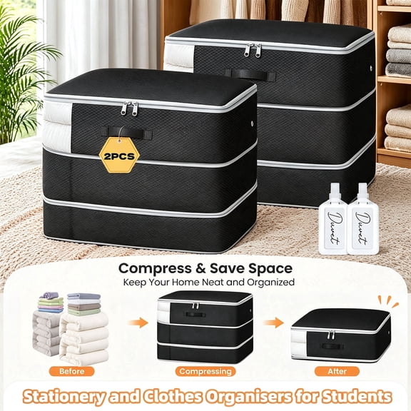 DIMJ Black 2 Pack Comforter Storage Bags, Heavy Duty 3-Layer Blanket Storage Organizer with Reinforced Handles & Diamond Pattern,Bedding Storage Bag for Underbed Closet Organization