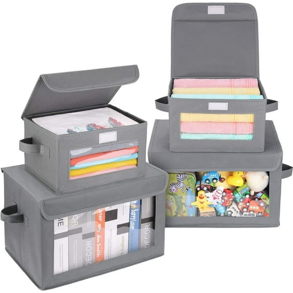 DIMJ Collapsible Home Storage Bins with Lids - Set of 4 Fabric Storage Boxes Dark Gray