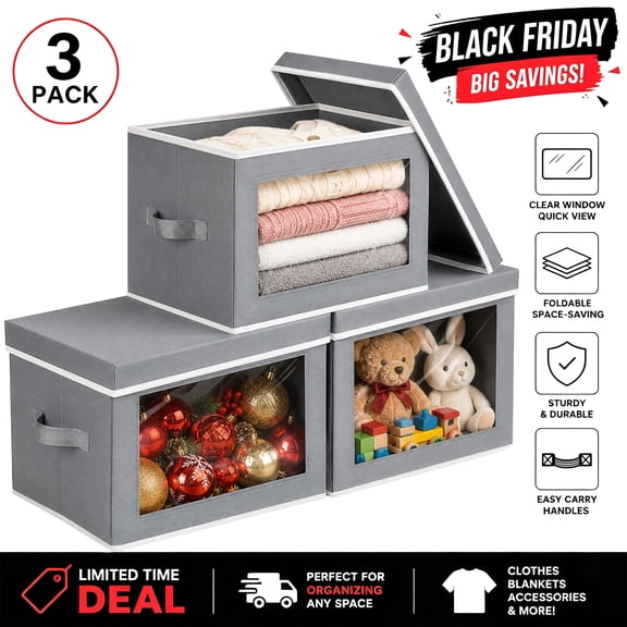 DIMJ Fabric Closet OrganizersCloset Storage Cubes, Christmas Ornament Storage Box, Stackable Storage Bins with Lids and Window for Holiday Blankets and Clothes,Towel Organizer 3-Pack,Light Gray