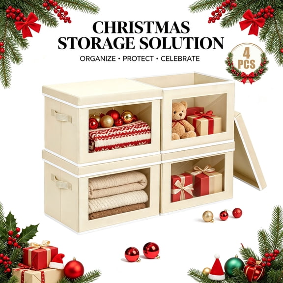 DIMJ Fabric Closet OrganizersCloset Storage Cubes, Christmas Ornament Storage Box, Stackable Storage Bins with Lids and Window for Holiday Blankets and Clothes,Towel Organizer 4-Pack,Beige