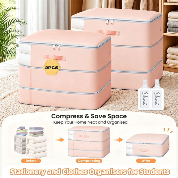 DIMJ Pink 2 Pack Comforter Storage Bags, Heavy Duty 3-Layer Blanket Storage Organizer with Reinforced Handles & Diamond Pattern,Bedding Storage Bag for Underbed Closet Organization