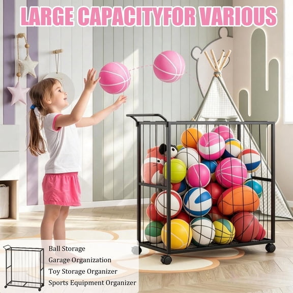 HapiRm Rolling Sports Equipment Organizer, Metal Garage Ball Storage, Toy Storage Organizer for Basketball, Bats, Garage Organizer and Home Gym,Black(1 Set)