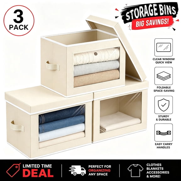 DIMJ Fabric Closet Organizers, Closet Storage Cubes, Christmas Ornament Storage Box, Stackable Storage Bins with Lids and Window for Holiday Blankets and Clothes,Towel Organizer 3-Pack,Beige