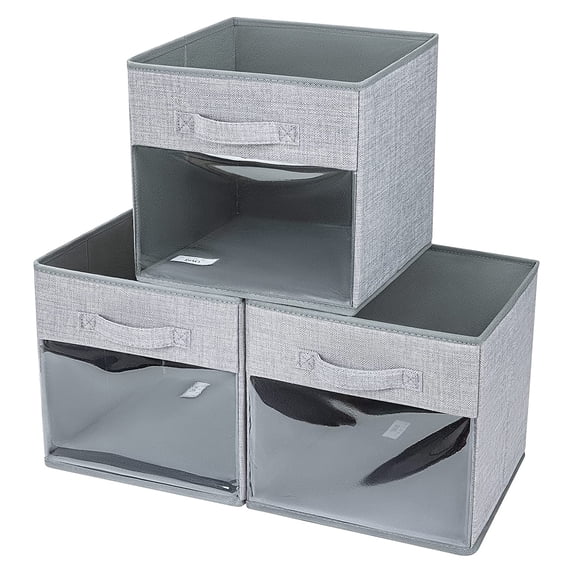 DIMJ Storage Bins, 3 Pcs Large Foldable Fabric Storage Bin Organizer with Clear Window for Bedroom Kids Room Wardrobe Closet Shelves, Home Storage Cubes Organizer with Handles, Ash Gray