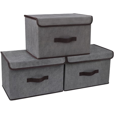 DIMJ Storage Bins with Lids, 3 Pcs Large Foldable Fabric Closet Organizer Storage Bins with Handle, Flip-Top Lid, Cube Storage Basket Box for Shelf, Bedroom, Office, Nursery, Toys, Cloth, Dark Brown