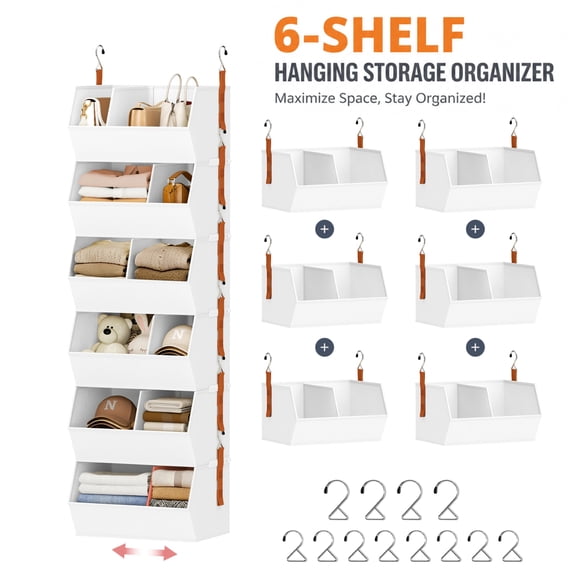 DIMJ White Christmas Decorations Storage Bins,6-Tier Fabric Hanging Closet Organizer and Storage,Clothes Hanging Shelves for Closet with Divider for Wrapping Paper Storage,Dorm Room Essentials