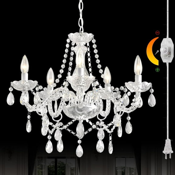 DIMMABLE Plug-in Chandelier 5 Light Crystal, White Hanging Pendant Light Fixture K9 Crystals Beads