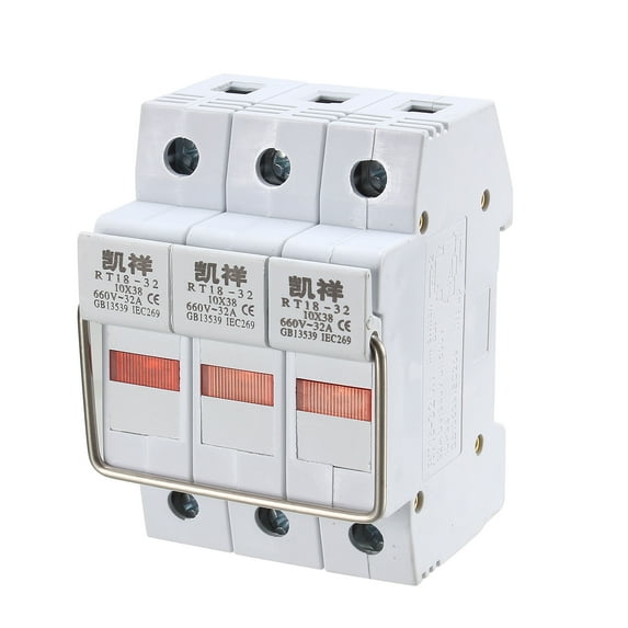 DIN Rail Mount Fuse Holder 3 Pole RT18-32 10mmx38mm w Indicator Light Gray