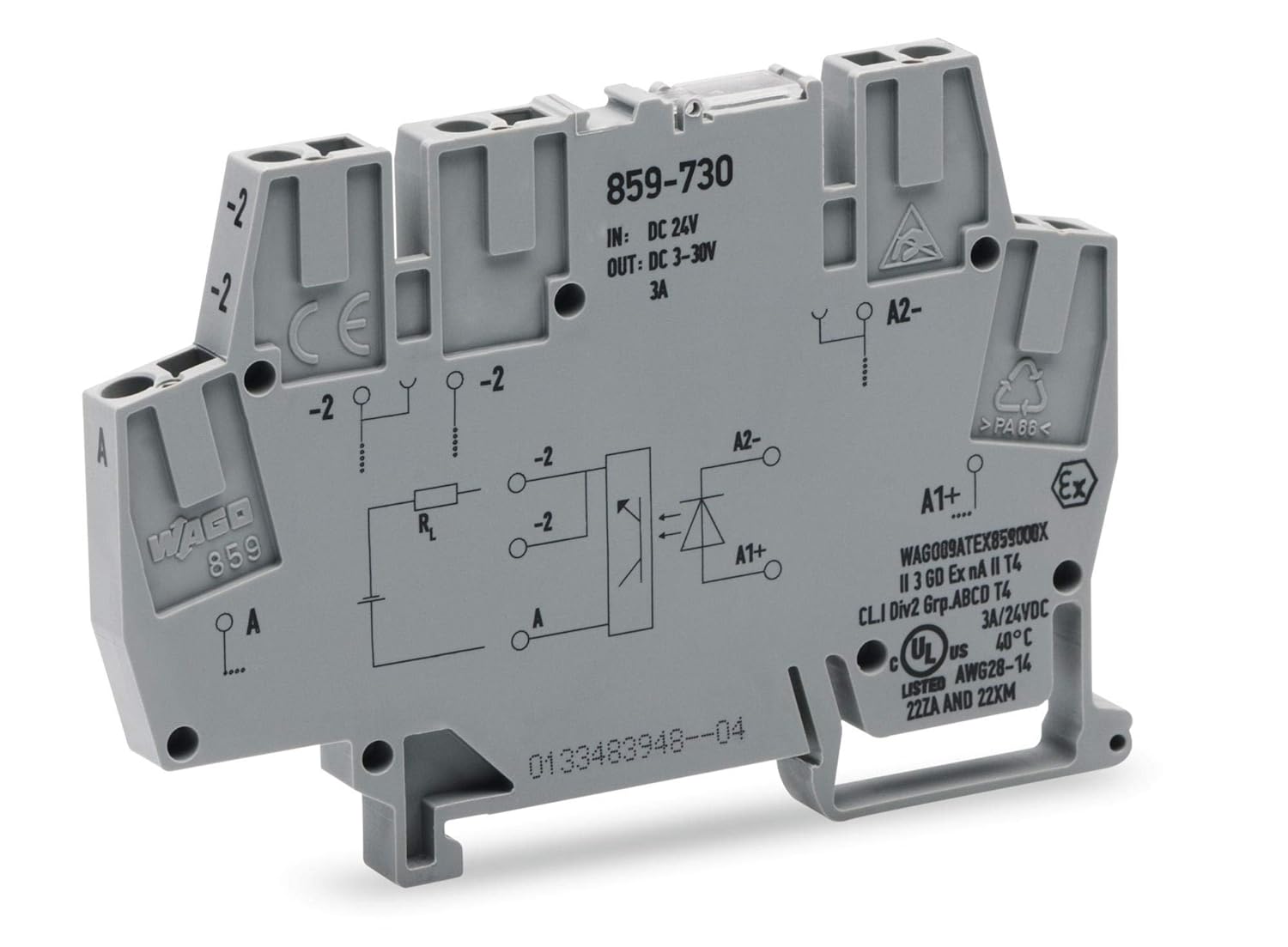DIN Rail Mount Terminal Block, Optocoupler, 5 Positions, 28 AWG, 14 AWG