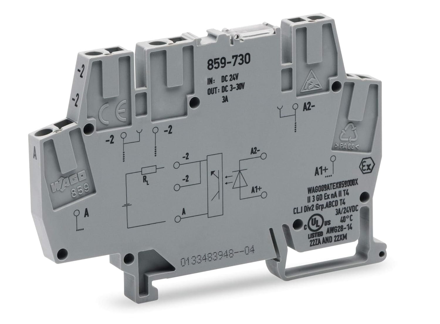 DIN Rail Mount Terminal Block, Optocoupler, 5 Positions, 28 AWG, 14 AWG