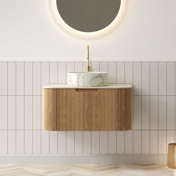 DINA 30" Bathroom Vanity&Sink, Floating Curved Edges Striped Cabinet with Drawer, Round Ceramic Basin with Stone Pattern&Travertine-Pattern Sintered Stone Top, Pre-assembled, Natural Woodgrain Color