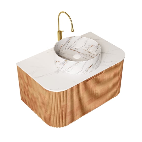 DINA 30" Bathroom Vanity & Sink, Wall-Mounted Floating Curved Edges Striped Bathroom Storage Cabinet with Drawer, White Round Ceramic Basin with Stone Pattern, Pre-assembled, Natural Woodgrain Color