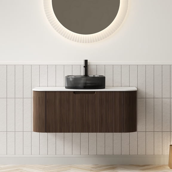 DINA 36" Bathroom Vanity with Sink, Wall-Mounted Curved Edges Striped Storage Cabinet with Drawer, Transparent Black Round Glass Basin and Countertop, Pre-assembled, Dark Walnut Woodgrain Color