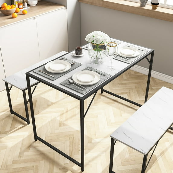 DINAZA Dining Table Set for 4 Persons 3Pcs Kitchen Table and 2 Benches Dining Room Table Set for Small Spaces Table with Chairs Home Furniture Rectangular Modern