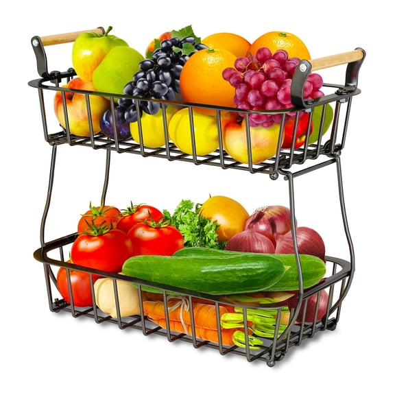 DINEST 2 Tier Basket with Wooden Handle Bar, Detachable and Stylish Black Iron Fruit Bowl, Creative Vegetable & Fruit Storage Organizer Perfect for Single fruit tray (two tier)