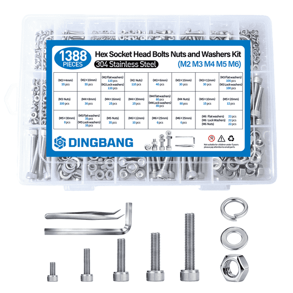 DINGBANG 1388Pcs Hex Socket Head Cap Bolts Nuts Washer Assortment Kit, M2 M3 M4 M5 M6 304 Stainless Steel Hardware Screws Nuts Flat & Lock Washers Set for 3D Printer, Home Furniture, Industrial Use