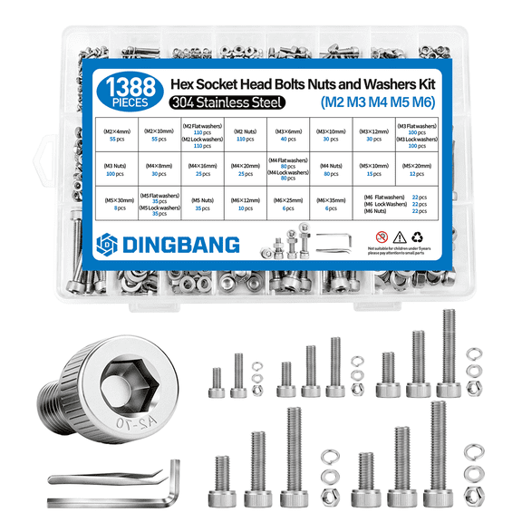 DINGBANG 1388Pcs Hex Socket Head Cap Bolts Nuts Washer Assortment Kit, M2 M3 M4 M5 M6 304 Stainless Steel Hardware Screws Nuts Flat & Lock Washers Set for 3D Printer, Home Furniture, Industrial Use