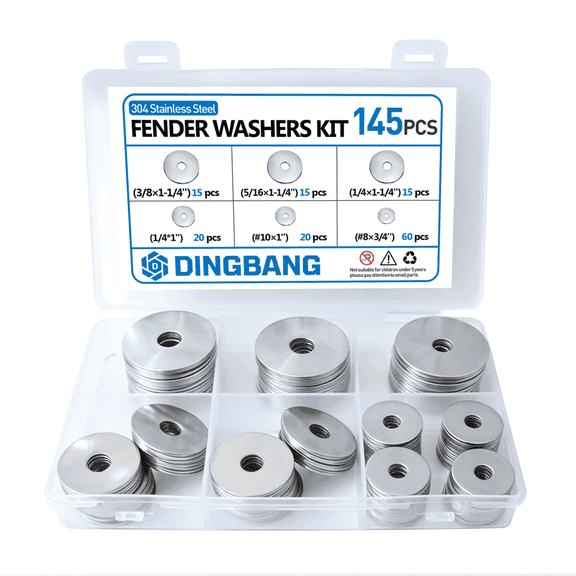 DINGBANG 145 Pcs Fender Washers Assortment Kit, 6 Sizes (#8 #10-1/4 ,5/16 ,3/8") 304 Stainless Steel Hardware Washer Set for Screws, Bolts, Automotive, Furniture DIY with Storage Box