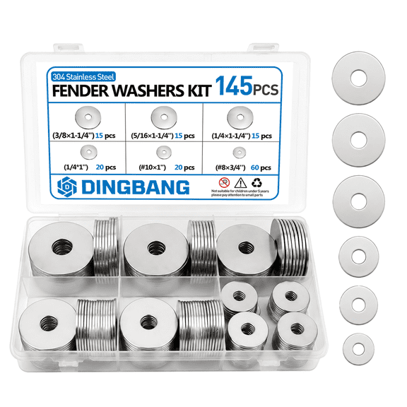 DINGBANG 145 Pcs Fender Washers Assortment Kit, 6 Sizes (#8 #10-1/4 ,5/16 ,3/8") 304 Stainless Steel Hardware Washer Set for Screws, Bolts, Automotive, Furniture DIY with Storage Box