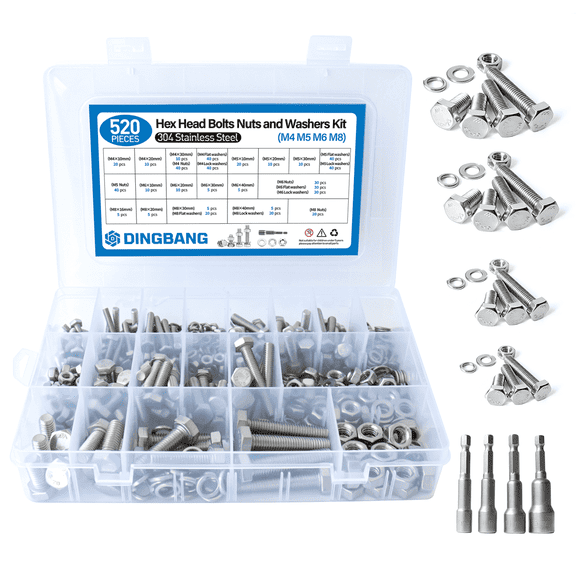 DINGBANG 520pcs Hex Nuts Bolts Wahsers Assortment Kit, 14 Most Common Sizes (M4 M5 M6 M8) 304 Stainless Steel Hardware Screws and Nuts Flat & Lock Washers Set With Storage Box,Length 10-40mm