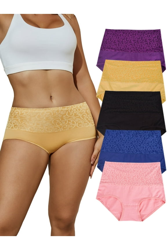 Women Cotton Underwear High Waist Panties Ladies Tummy Control Shapewear Panty Plus Size Briefs 5 Pack,Size 7