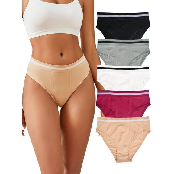 DINGLU Women High Leg Bikini Underwear Breathable Stretch Cheeky Underwear 5 Pack, Size 8