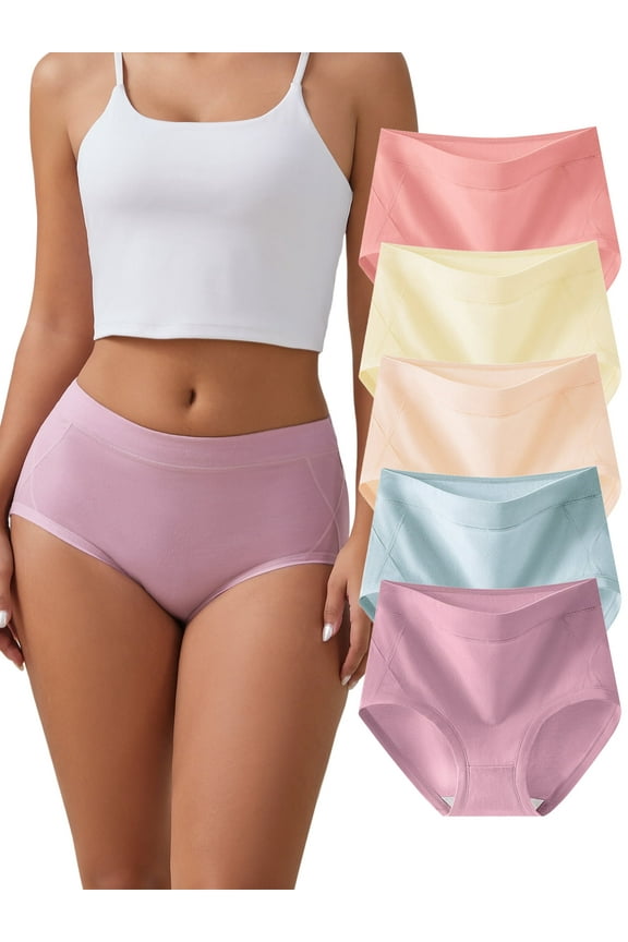 Women High Waisted Cotton Panties Full Coverage Breathable Soft Cotton Underwear 5 Pack, Size 10