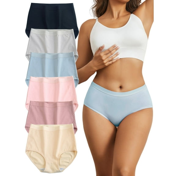 DINGLU Women's Cotton Underwear High Waisted Panties Full Coverage Ladies Briefs 6 Pack, Size 5