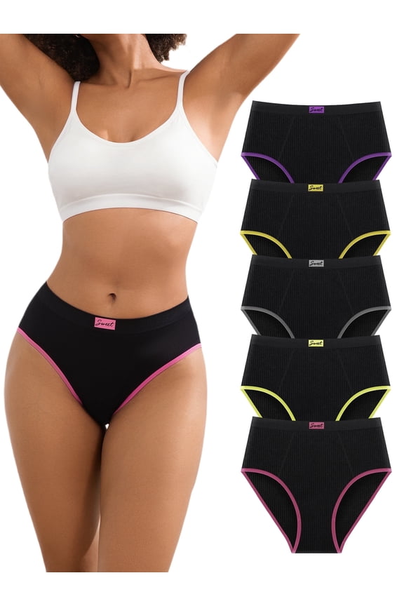 Women's High Waist Panties High Leg Bikini Underwear Soft Cheeky Briefs 5 Pack, Size 7