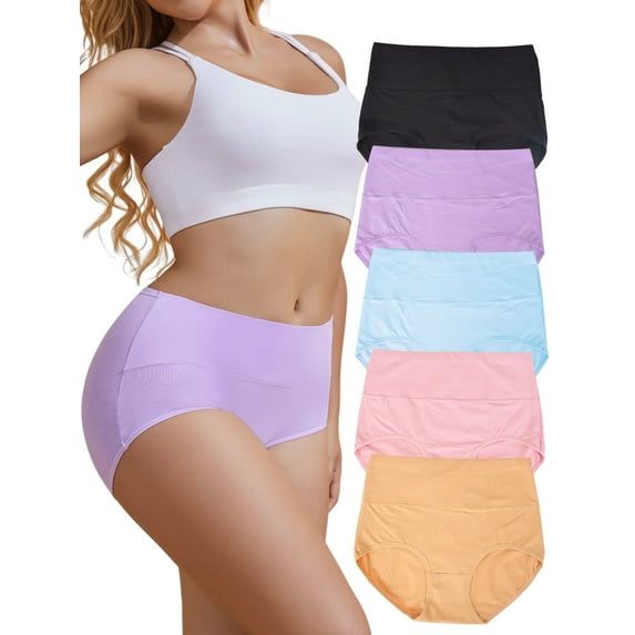 DINGLU Womens Underwear Cotton High Waisted Panties Soft Stretch Breathable Briefs 5 Pack, Size 8