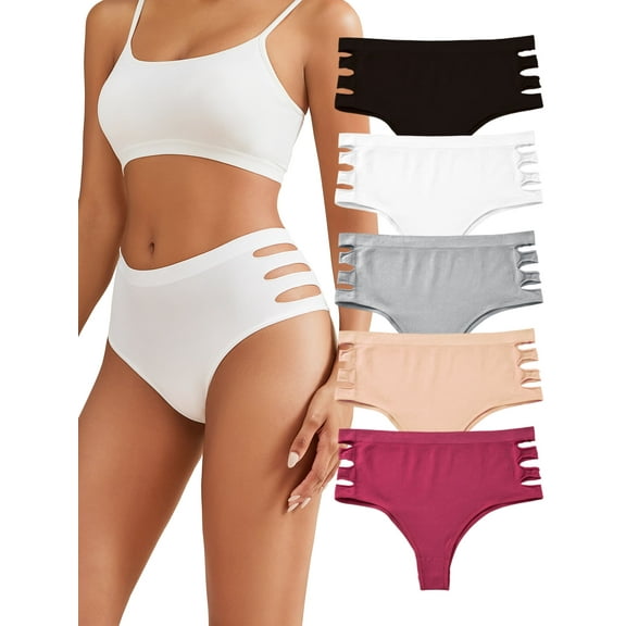 DINGLU Womens Underwear Mid Waisted Seamless Thongs for Women Breathable No Show Panties for Ladies 5 Pack, Size 6