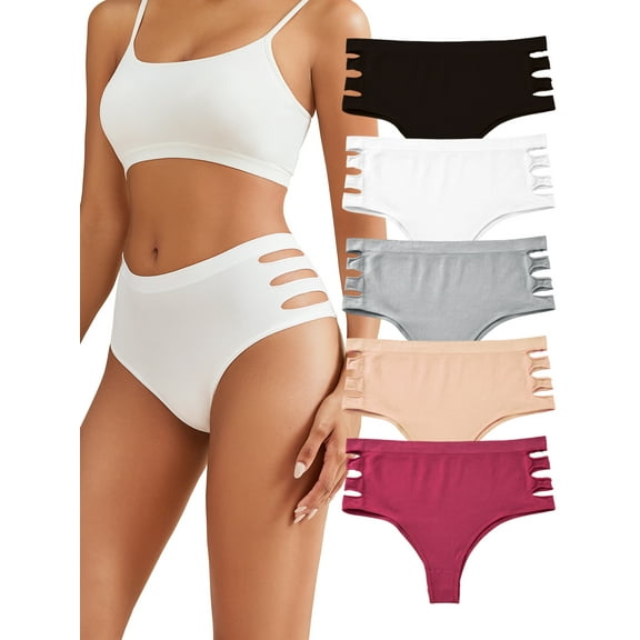 DINGLU Womens Underwear Mid Waisted Seamless Thongs for Women Breathable No Show Panties for Ladies 5 Pack, Size 5