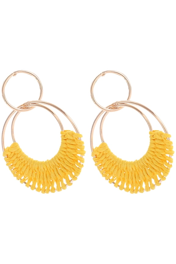 2Pcs Raffia Hoop Earrings For Women Style Metal Yellow Oval Decorative Beach Vacation