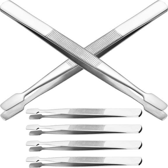 DINHEAROM 6Pcs Flat Head Eyelash Stamp Tweezers Anti Fatigue Wear Resistance 430 Stainless Steel For Women 11x0.39in