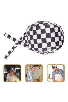 Canvas Chef Hat Round Top with Ribbon Back Black and White Plaid 1 Piece 8.3x8.3in