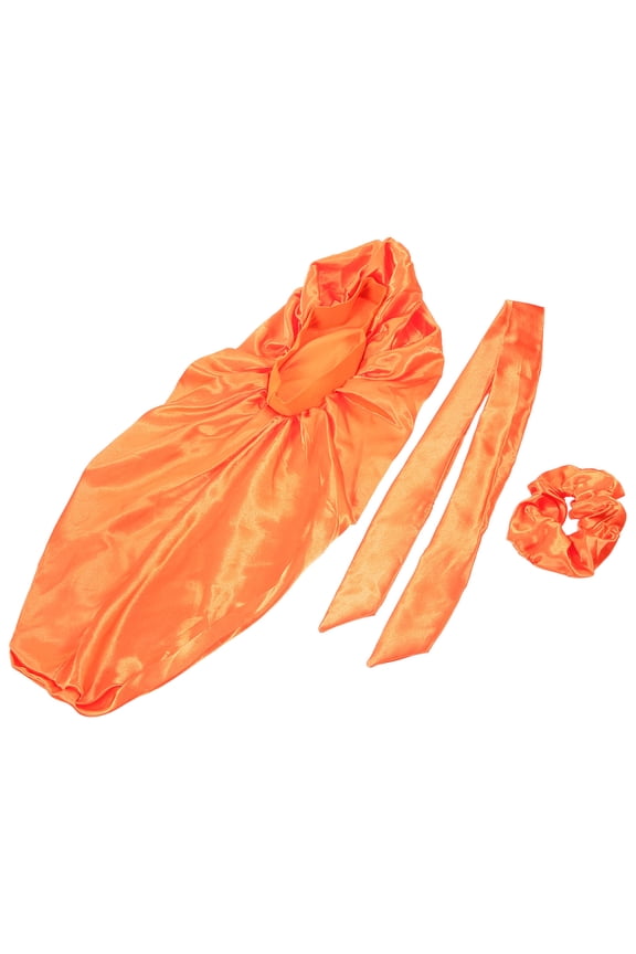Satin Sleep Bonnet with Hair Scrunchies and Ribbon Orange Polyester 1 Set
