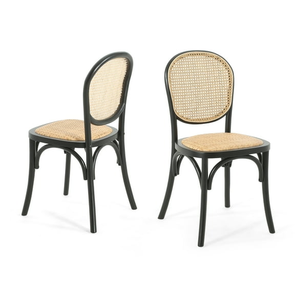 Retro Rattan Dining Chairs (Set of 2) - Black & Light Brown, 17.5" Birch Wood Frame, Foam Seat, Vintage Style, Perfect for Dining Room, No Assembly Needed.