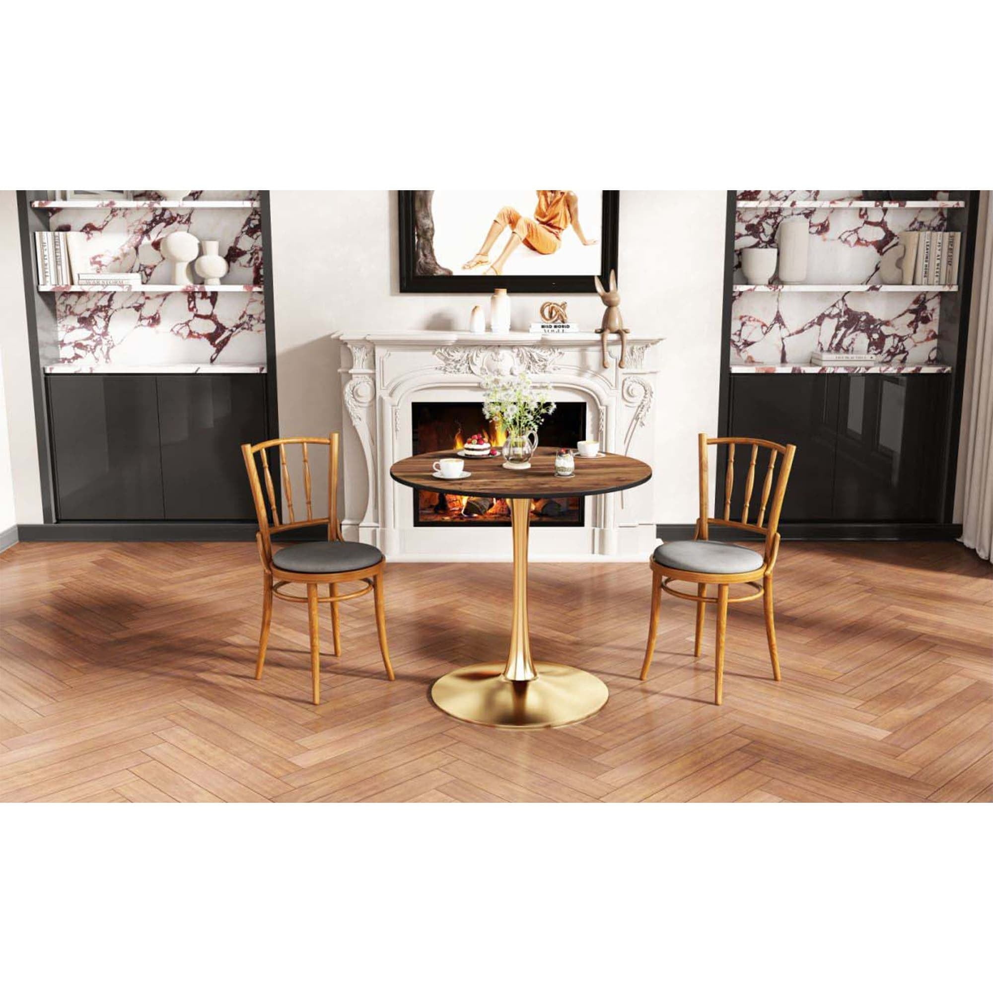Round Brown Wood Dining Table with Golden Pedestal Base