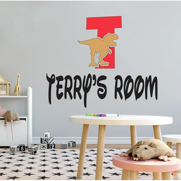 DINO LETTER T - Multicolored Vinyl Art T-Rex Dinosaur Silhouette Decoration Sticker Personalized Name Letter T Alphabet Design Kids Playroom Wall Decal 10" x 8"