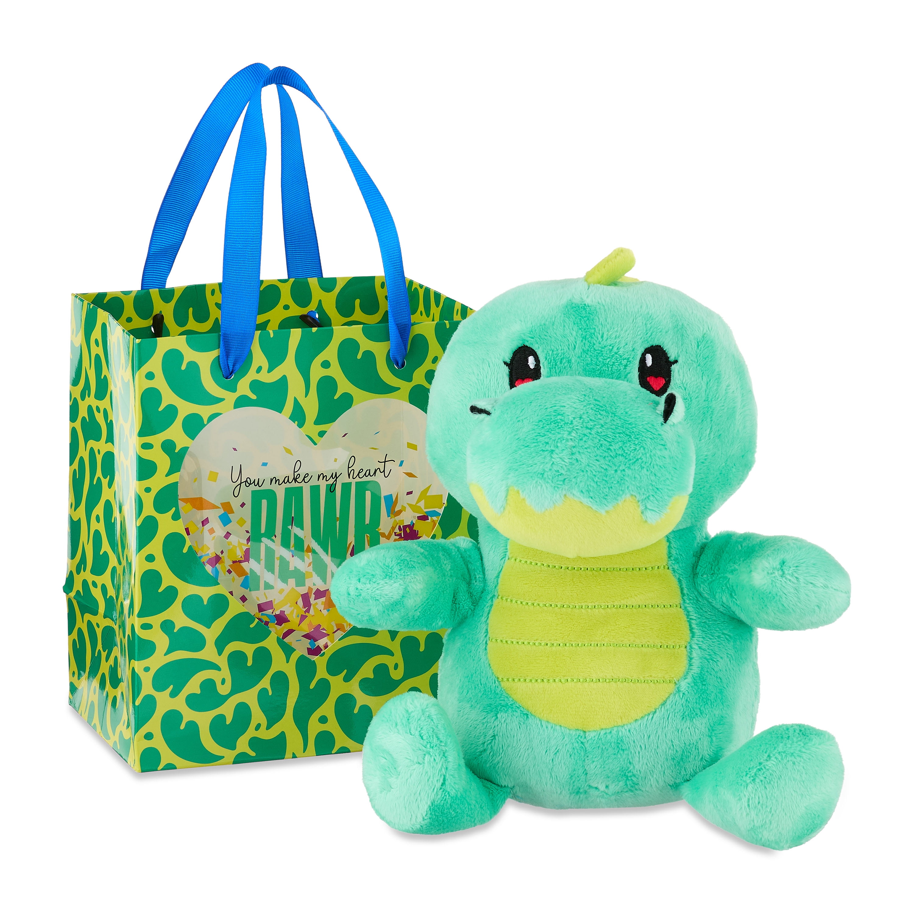 Dinosaur Plush in Make My Heart Rawr Gift Bag, Green, 12", Valentine's Day by Way To Celebrate